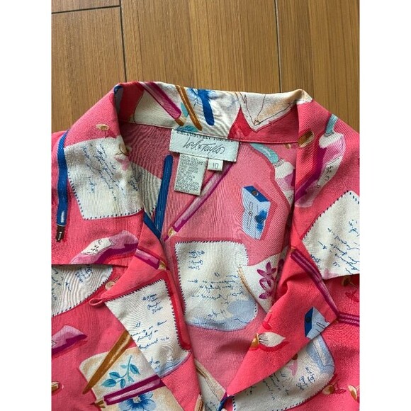 Lord & Taylor Vintage Salmon Pink Writer Artist Print Silk Blouse - Women's 10 M - Picture 3 of 5